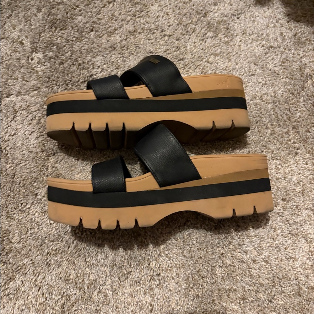 Reef Black and Tan Platform Slide Sandals
